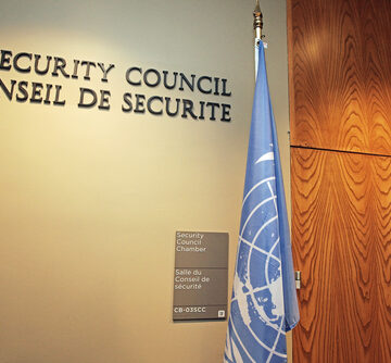 The entrance to the UN Security Council Chamber located at the United Nations Headquarters in New York City.