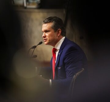 A photo of Pete Hegseth during his confirmation hearing for Secretary of Defense in Washington, DC.