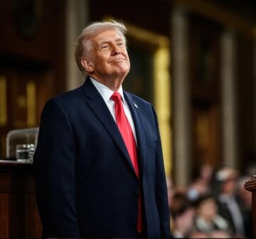 Donald Trump grinning prior to delivering his State of the Union address in Washington, DC.