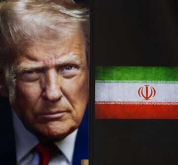 An image of U.S. President Donald Trump alongside the flag of Iran.