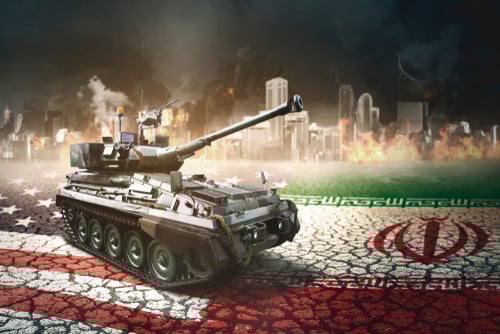 Digital concept illustration depicts a light tank positioned over ground textured with the flags of the United States and Iran, set against a backdrop of a burning city.