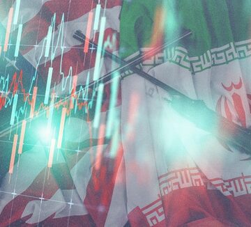 Digital image of the flags of the United States and Iran overlaid with financial candlestick charts, likely representing the economic impact of geopolitical tensions between the two nations. Digital image of the flags of the United States and Iran overlaid with financial candlestick charts, likely representing the economic impact of geopolitical tensions between the two nations.