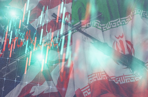 Digital image of the flags of the United States and Iran overlaid with financial candlestick charts, likely representing the economic impact of geopolitical tensions between the two nations.