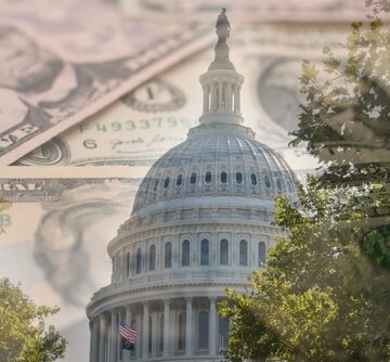 A collage of the U.S. Capitol building superimposed with images of U.S. currency.