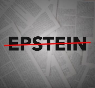 The word "EPSTEIN" prominently displayed with a red line through it, against a background of blurred text, representing news articles or investigative documents.