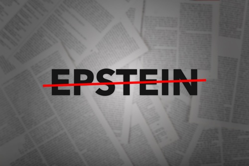 The word "EPSTEIN" prominently displayed with a red line through it, against a background of blurred text, representing news articles or investigative documents.