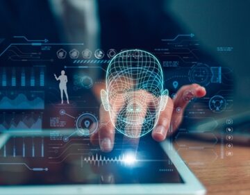 Conceptual image of artificial intelligence in cybersecurity, specifically highlighting face recognition, biometric data analysis, and potential deepfake technology risks.