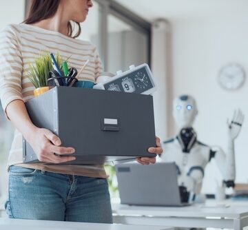 A human worker is leaving her job with a box of personal belongings while a waving humanoid robot takes over her desk.