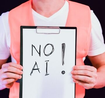 A person holding a clipboard with the handwritten message "NO AI !", which acts as a protest against the use of artificial intelligence in creative work.