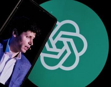 Composite image of OpenAI CEO Sam Altman on a mobile phone screen with the OpenAI logo in the background.