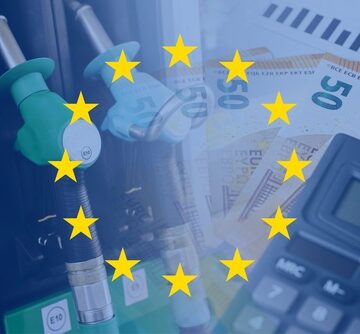 The European Union flag is overlaid on fuel pumps, Euro currency, and a calculator.