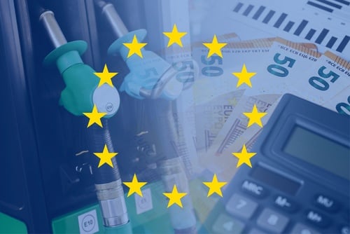 The European Union flag is overlaid on fuel pumps, Euro currency, and a calculator.