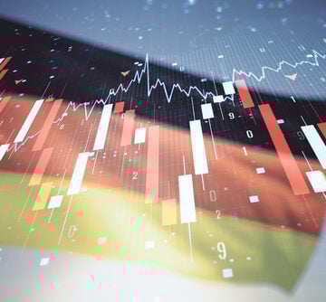 An abstract illustration depicting the German flag overlaid with financial charts and graphs representing market trends.