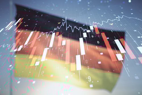 An abstract illustration depicting the German flag overlaid with financial charts and graphs representing market trends.