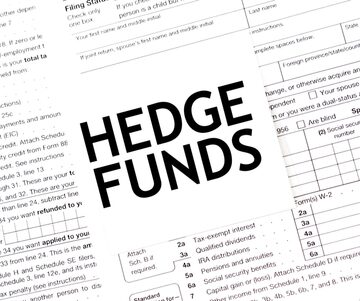 The image displays the phrase "HEDGE FUNDS" superimposed over various tax forms.