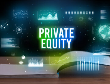 The phrase "PRIVATE EQUITY" is surrounded by various digital icons and data visualizations on an open book.