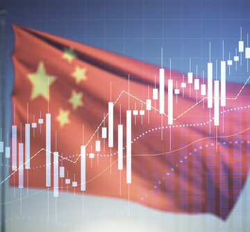 Image illustrates the performance of Chinese financial markets with a stock chart overlaid on the Chinese flag.