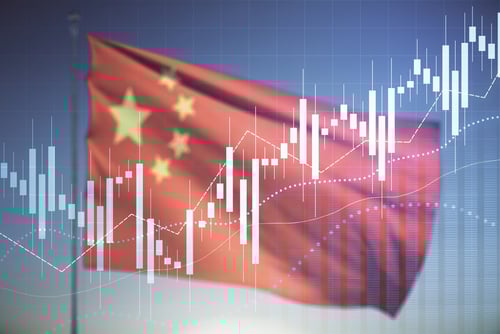 Image illustrates the performance of Chinese financial markets with a stock chart overlaid on the Chinese flag.