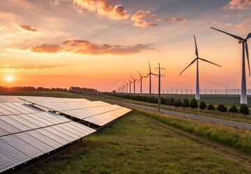 An expansive hybrid renewable energy farm featuring both solar panels and wind turbines operating under a sunset sky.