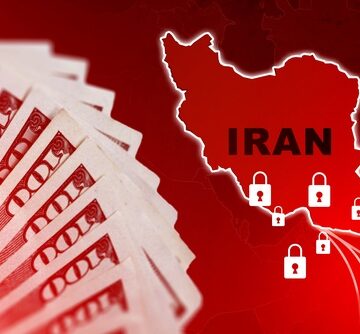 A conceptual illustration of the economic sanctions imposed on Iran, depicting Iranian currency alongside a map of the country covered in security locks.