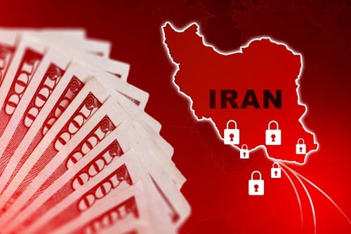 A conceptual illustration of the economic sanctions imposed on Iran, depicting Iranian currency alongside a map of the country covered in security locks.