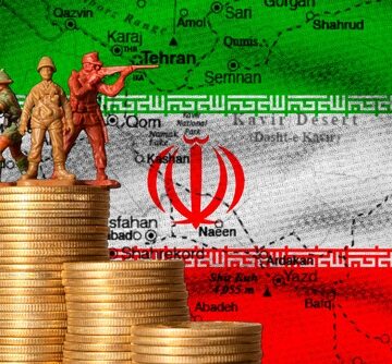 Conceptual image of a map of Iran featuring its national flag and emblem, Iranian cities and geographical features like the Kavir Desert, and plastic toy soldiers positioned on stacks of coins, symbolizing military presence or costs.