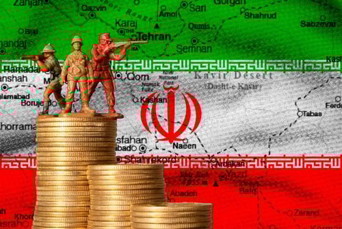 Conceptual image of a map of Iran featuring its national flag and emblem, Iranian cities and geographical features like the Kavir Desert, and plastic toy soldiers positioned on stacks of coins, symbolizing military presence or costs.