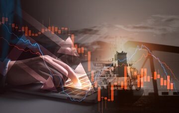 A montage of a professional using a laptop, financial trading charts, industrial oil pump jacks, and shipping tankers.