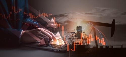 A montage of a professional using a laptop, financial trading charts, industrial oil pump jacks, and shipping tankers.