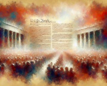 An artistic representation of the United States Constitution which features the opening words "We the People" from the Preamble, flanked by Neoclassical columns, symbolizing the structures of American government, and rows of people representing the founders.