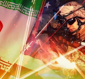 Conceptual image of military conflict between Iran and U.S. combining imagery of a U.S. soldier and the flag of Iran. Conceptual image of military conflict between Iran and U.S. combining imagery of a U.S. soldier and the flag of Iran.