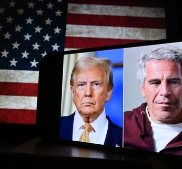 Image shows side-by-side photos of Donald Trump and Jeffrey Epstein, with the U.S. flag in the background.