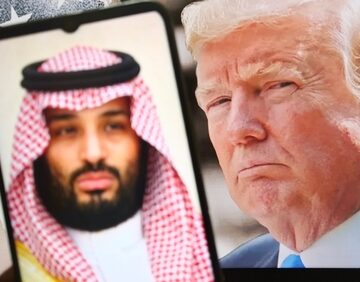 Composite photo of Saudi Crown Prince Mohammed bin Salman (MBS), on a phone screen, next to U.S. President Donald Trump. Composite photo of Saudi Crown Prince Mohammed bin Salman (MBS), on a phone screen, next to U.S. President Donald Trump.