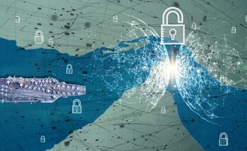 Conceptual image of an American military warship attempting to navigate the restricted Strait of Hormuz symbolized by a large padlock.