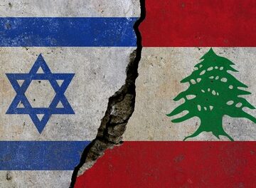 Conceptual image depicting geopolitical conflict with the national flags of Israel and Lebanon separated by a crack in a concrete wall.