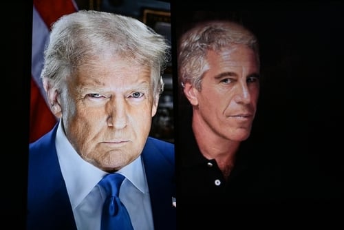 Digital montage of Donald Trump in the foreground and Jeffrey Epstein in the shadowy background.