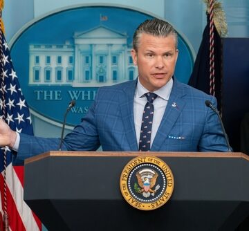 Pete Hegseth, the U.S. Secretary of Defense, speaking at a press conference at the White House in Washington, DC.