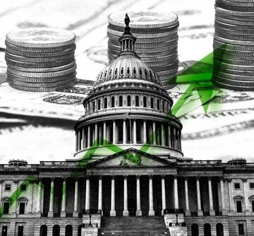 A conceptual illustration of the U.S. Capitol building overlaid with American currency and a green upward-trending arrow, representing economic growth or federal spending.