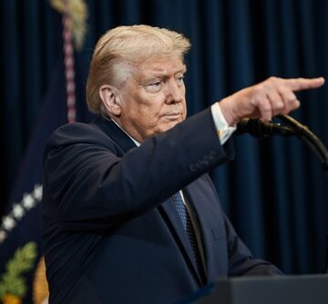 Donald Trump speaking at a podium, an event likely related to his administration's foreign policy or economic announcements.