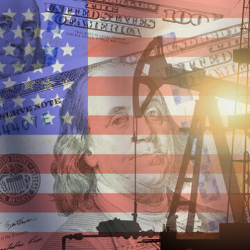 A composite image featuring an oil pumpjack superimposed over a U.S. flag and currency.