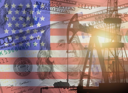 A composite image featuring an oil pumpjack superimposed over a U.S. flag and currency.