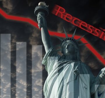 Concept image of an economic recession in the United States, featuring a graph with a downward-trending red arrow, the Statue of Liberty, the word "Recession" and a dark and cloudy background.