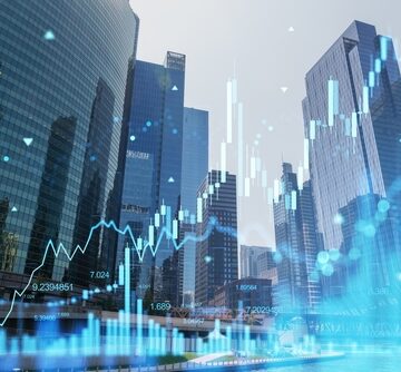 Stock,Market,Graph,Overlaying,City,Skyscrapers.,Modern,Digital,Style.,Urban A concept image of economic analysis and growth, featuring a stack of coins and a calculator with stock market bar and line charts in the foreground and background.