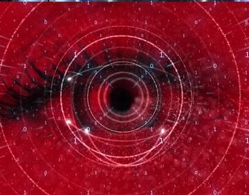 Against,The,Background,Of,A,Female,Eye,There,Is,A A human eye overlaid with concentric circles, radiating lines, and binary code ("0"s and "1"s) against a red background.