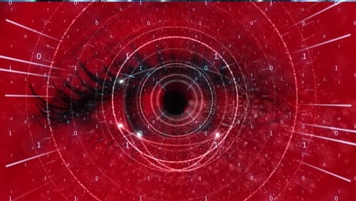 Against,The,Background,Of,A,Female,Eye,There,Is,A A human eye overlaid with concentric circles, radiating lines, and binary code ("0"s and "1"s) against a red background.