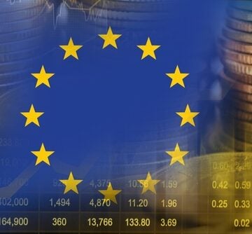 Eu,Flag,With,Stock,Market,Finance,,Economy,Trend,Graph,Digital A composite of European economic themes, featuring the flag of the European Union overlaid on financial data and currency.