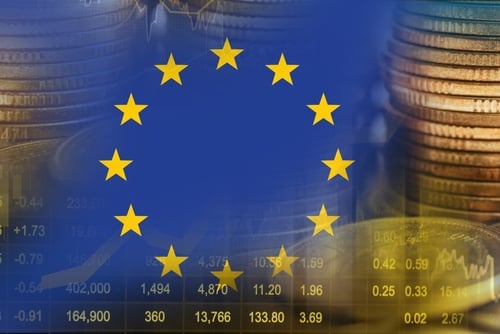 Eu,Flag,With,Stock,Market,Finance,,Economy,Trend,Graph,Digital A composite of European economic themes, featuring the flag of the European Union overlaid on financial data and currency.