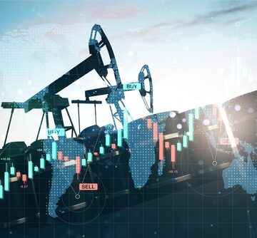 Silhouettes of oil pump jacks and barrels with a forex chart, world map, and trading indicators overlaid in the foreground.