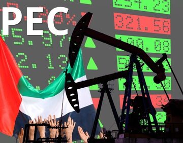 Concept image of global oil politics with the letters "OPEC", a stock ticker, and an oil pump, symbolizing market volatility and production disputes.