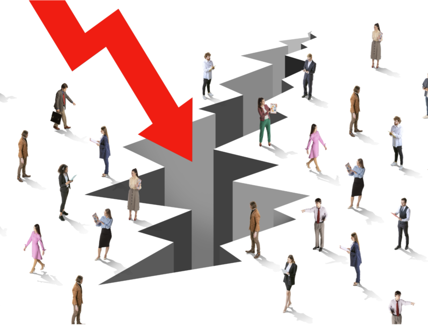 Concept illustration of economic crisis with a large red downward arrow pointing toward a large crack in the ground surrounded by people dressed in business attire are scattered around the crack.